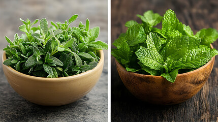 Fototapeta premium Fresh herbs in rustic bowls green mint and sage leaves