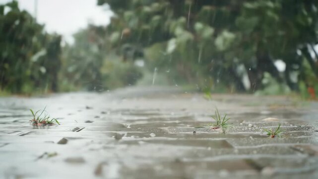 Rainy day scene with water puddles and grass on cobblestone pathway in nature.