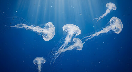 Translucent jellyfish drift gracefully in sunlit ocean depths.
