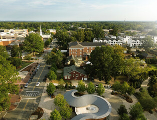 Aerial view of Academy Street and the Downtown Cary Park in downtown Cary North Carolina