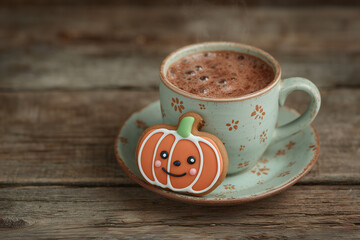 Pumpkin Mug with Hot Chocolate and Cookie