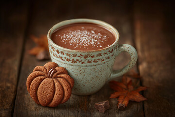 Hot Chocolate with Pumpkin Cookie on Wooden Table