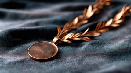 A beautifully crafted bronze medal resting on a smooth, elegant fabric, symbolizing achievement and recognition, perfect for sports and award-themed projects.