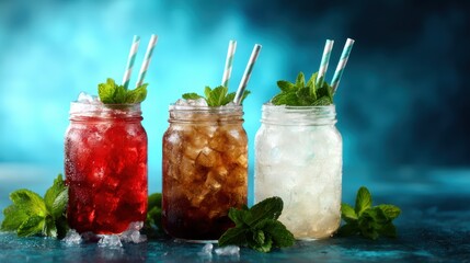 Three colorful drinks in mason jars filled with ice, complemented by mint leaves, create a refreshing summer vibe perfect for quenching thirst on hot days.