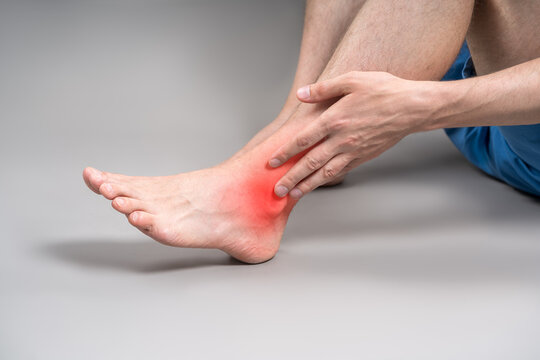 Achilles tendon injury, joint inflammation, foot pain, man suffering from feet ache, podiatry concept