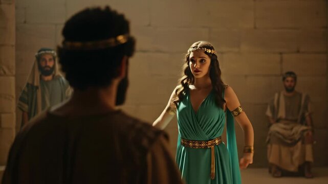 Woman Salome dancing before king Herod, depicting ancient biblical times and gospel story for religious footage.