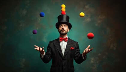 Man in top hat skillfully juggles colorful balls against dark studio background. Performer in pinstripe suit, red bow tie shows tricky circus act. Magician concentrates balancing props for