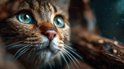 An intimate close-up of a cat's face, highlighting its expressive eyes and delicate features, evoking a sense of curiosity and warmth that resonates with feline enthusiasts.
