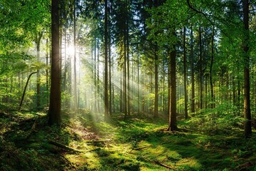 Fototapeta premium Sunlight shining over green forest with tall trees and plants for Natural forest environment