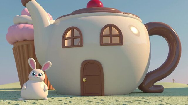  Maison en forme de th&eacute;i&egrave;re 3D avec petit lapin sur pelouse pastel