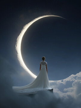 Woman in White Dress Faces Radiant Lunar Ring in Dreamy Night Sky