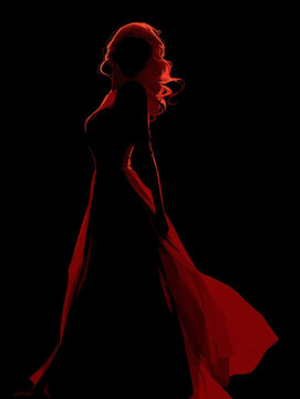Dramatic Red Silhouette Of A Woman In A Flowing Dress Against A Black Background
