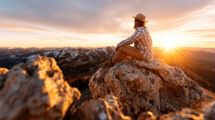 A serene moment captured at sunset as a thoughtful explorer sits atop a rocky peak, enjoying a breathtaking view of the mountains and the vibrant sky.