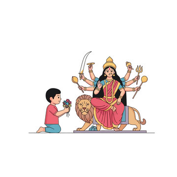 Celebrate Durga Puja with vibrant artwork depicting a child's heartfelt offering of flowers to the goddess on her lion, honoring Indian culture
