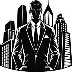 Businessman and City Buildings Silhouette Vector Icon