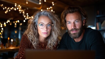 A middle-aged couple displayed intense focus while working on a laptop together in a warm, cozy environment filled with twinkling lights, embodying collaboration and teamwork.