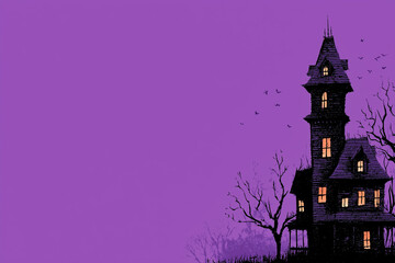 Minimal Haunted House Silhouette on Purple Background