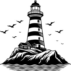Striped Lighthouse on Rock with Seagulls Silhouette Vector
