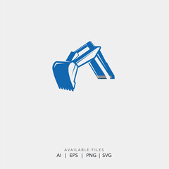 Blue minimalist excavator arm logo design, Heavy equipment backhoe bucket vector icon