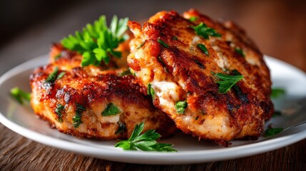 Delicious golden-brown salmon cakes perfectly plated and garnished with herbs highlight the essence of home-cooked meals filled with flavor and culinary delight.