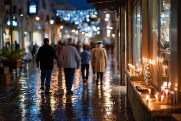 Hanukkah night in Jerusalem street, glowing menorah in window, warm lights reflecting on wet pavement, people walking with candles, 