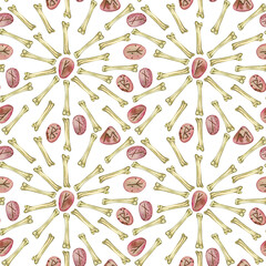 Seamless Halloween watercolor pattern of chicken bones for divination and runes made of stones. All objects are hand-painted in watercolor. The illustration is suitable for printing on paper, fabric.