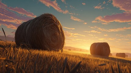 Hay Rolls in Wheat Field at Sunset with Long Shadows and Vibrant Sky