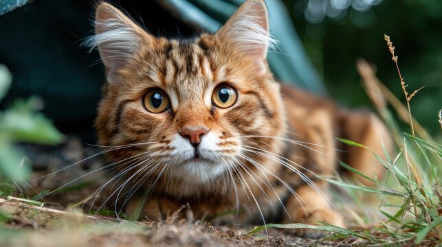 A close-up shot of a tabby cat lying on the ground, its wide, curious eyes staring directly into the camera, portraying a sense of intrigue and playfulness. - Powered by Adobe