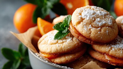 A plate of delicious cookies garnished with fresh oranges and mint, exuding a vibrant and inviting aesthetic that celebrates the joy of culinary creativity.