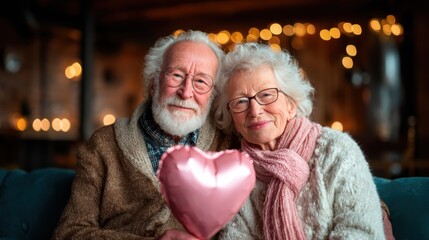 An endearing portrait of a loving elderly couple holding a heart-shaped balloon, celebrating their lasting bond and affection in a warm and cozy ambiance.