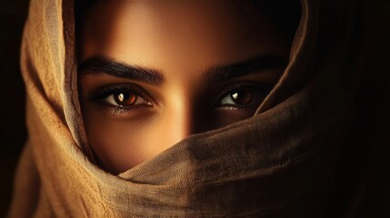 Captivating portrait of a woman with enigmatic eyes middle eastern setting photography studio environment close-up view cultural essence