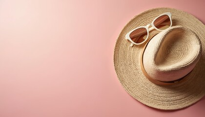 Pastel pink background straw hat, sunglasses. Summer accessories concept. Stylish fashion layout ideal for travel brochures social media campaigns. Warm, inviting aesthetic perfect for vacation
