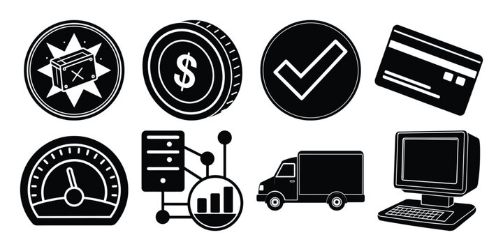 Vector art of set of business and finance icons including coin, credit card, speedometer, server, van, and computer