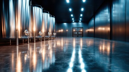 An aesthetically designed industrial interior featuring shining metal tanks and modern lighting, representing innovation and the beauty of industrial design.