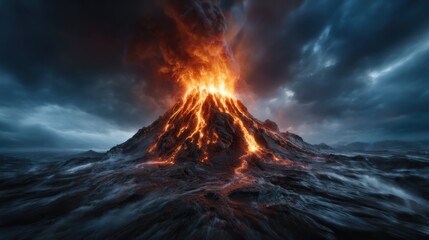 A breathtaking view of a volcano erupting against a moody, cloudy backdrop, showcasing the raw power and awe of nature in its most dramatic form.