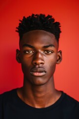 Fototapeta premium Intense Portrait of Young Man Against Bold Red Background