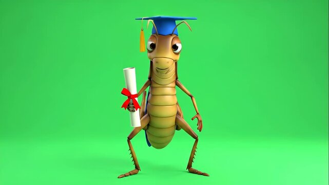 Cartoon Grasshopper Graduation - A cheerful cartoon grasshopper wearing a graduation cap and holding a diploma, standing against a bright green background.