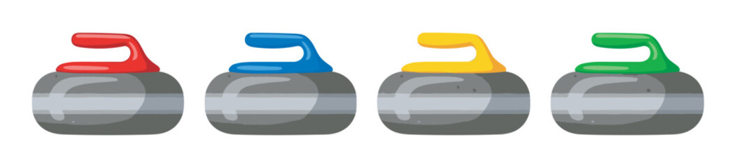 Four colorful curling stones with red, blue, yellow, and green handles arranged in a row on a neutral background.