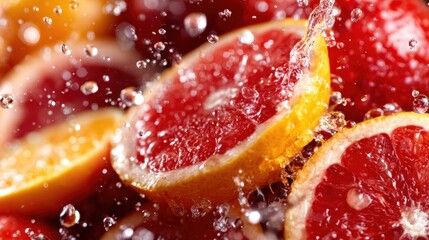 Brightly colored grapefruit and lemon slices are splashed with water droplets, creating a dynamic and refreshing composition that celebrates the vibrancy of citrus fruits.