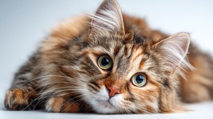 A charming cat lounges comfortably with striking green eyes, displaying a blend of softness and curiosity that captivates anyone with its adorable presence and charming personality.