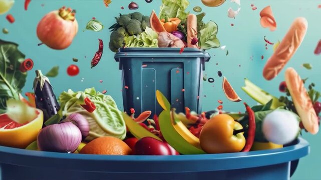 A person throws fresh vegetables and fruit into a trash can, highlighting the problem of food waste and irrational consumption. Suitable for articles on ecology, rational consumption, the fight agains