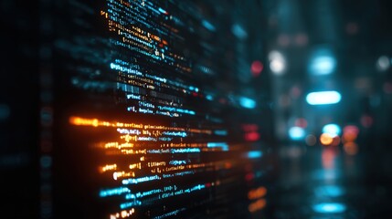 Macro Shot of Syntax-Highlighted Code with Neon Reflections in Cyberpunk Style