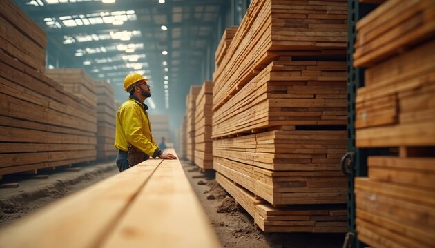 Worker inspects wood planks in warehouse. Lumber industry employee in yellow jacket looks at timber quality, checks material details for woodworking, construction industry, sustainable forestry.