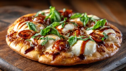 An artisanal pizza topped with fresh basil, moist mozzarella, and sun-dried tomatoes presents a mouth-watering culinary experience that captures the essence of gourmet dining.