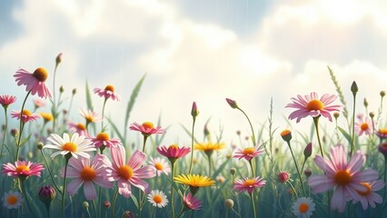 Obraz premium A lush field of colorful flowers under a bright sky, capturing the essence of springtime beauty.