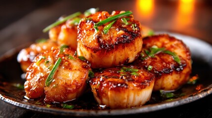 A mouthwatering dish of perfectly seared scallops, glistening in a savory sauce, showcasing culinary artistry and the delectable presentation of gourmet cuisine.