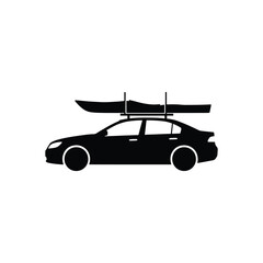 Obraz premium Black silhouette of a sedan car with a kayak on its roof rack vehicle transport