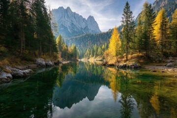 Obraz premium Autumn forest lake mountain reflection mountains