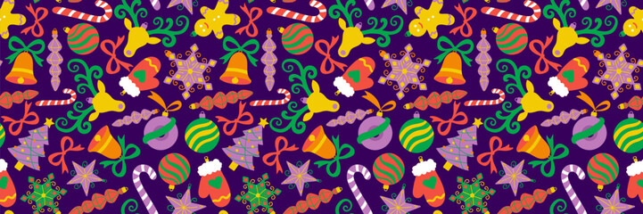 bright christmas hand drawn doodle seamless pattern dark background colorful decorations candy cane gingerbread man mitten new year holiday print