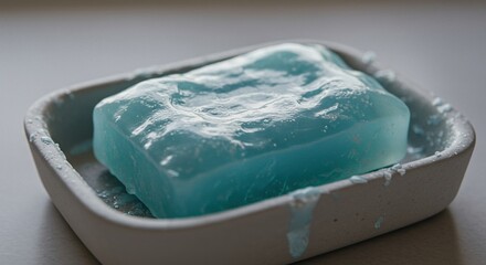Blue soap bar in ceramic dish close up conceptual hygiene cleanliness
